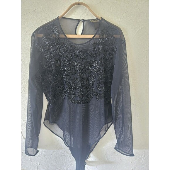 Escada Mesh And Beaded Body Suite Vtg Black Size L - Picture 1 of 10